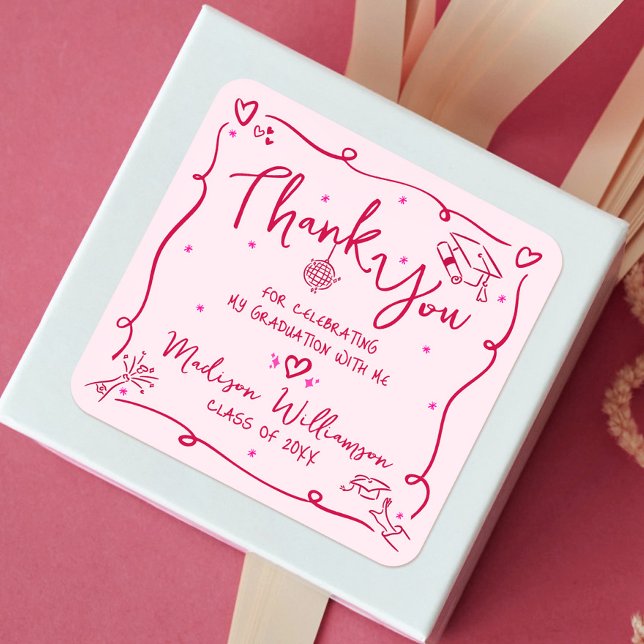 Sticker Carré Pink Red Hand Drawn Doodles Graduation Thank You (Créateur téléchargé)