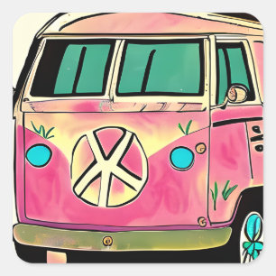 Sticker Carré Pink Retro Hippie Van Coloris Vintages Art