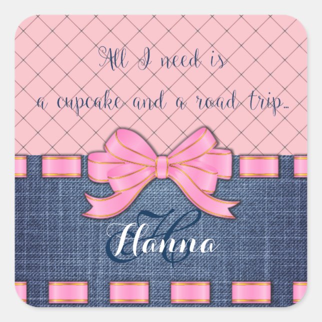 Sticker Carré Pink Ribbon, jeans Fabric, pink pattern Saying (Devant)