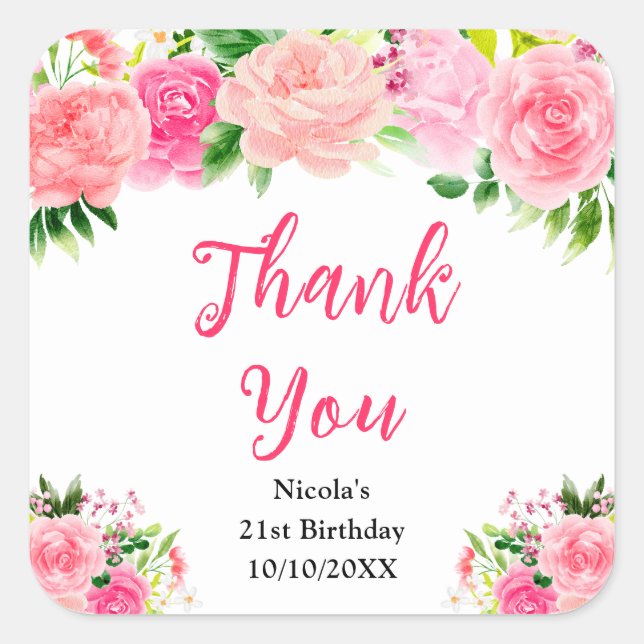 Sticker Carré Pink Roses with Foliage Birthday Thank You (Devant)
