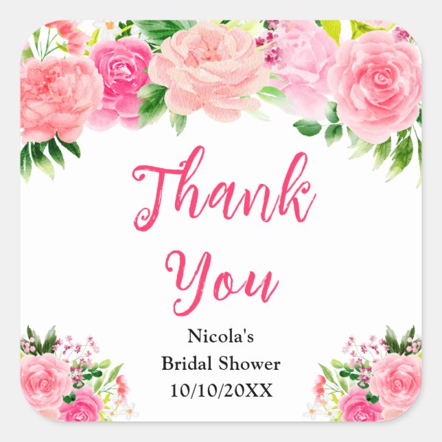 Sticker Carré Pink Roses with Foliage Bridal Shower Thank You (Devant)