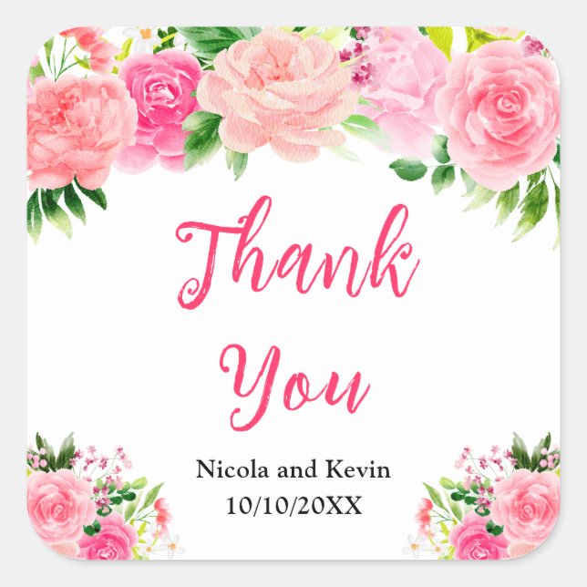 Sticker Carré Pink Roses with Foliage Wedding Thank You (Devant)