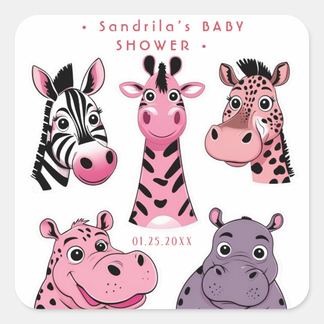 Sticker Carré Pink Safari Animals Theme Girl Birthday Party  (Devant)