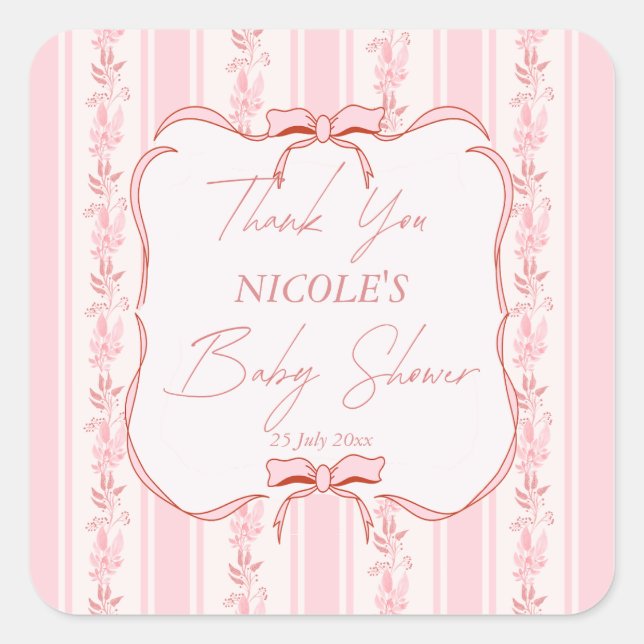 Sticker Carré Pink stripes retro bow border baby shower favor (Devant)