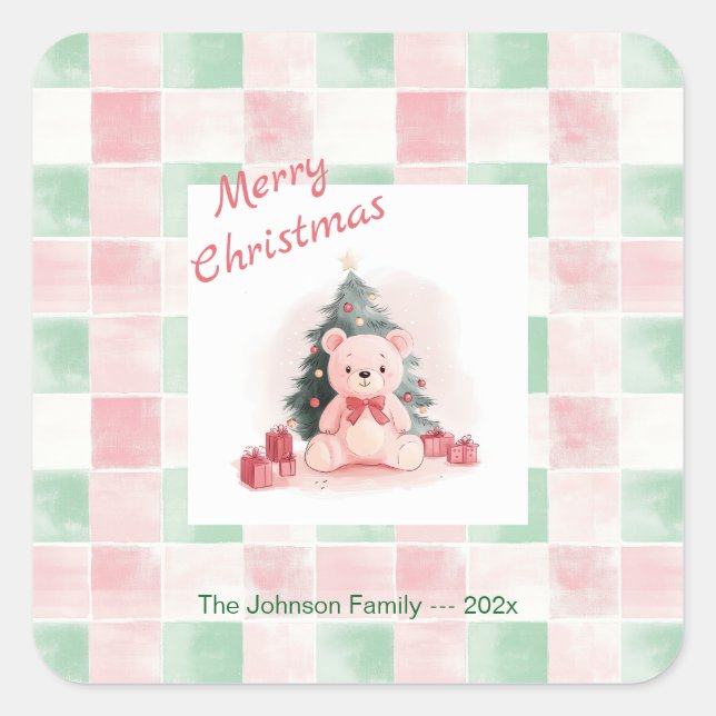 Sticker Carré Pink Teddy Bear Cute Christmas (Devant)