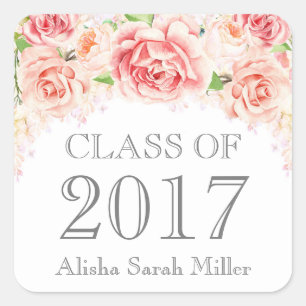 Sticker Carré Pink Watercolor Flowers Classe de Graduation de 20