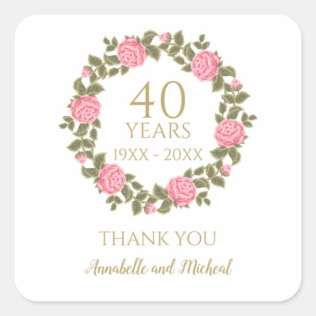 Sticker Carré PINK WILD ROSES Floral Garland 40e Mariage merci (Devant)