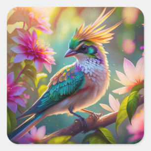 Sticker Carré Pinson à tête verte à crête dorée oiseau de fantai