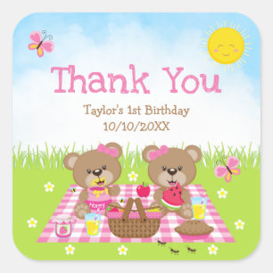 Sticker Carré Pique-nique d'ours en peluche Anniversaire Rose Gi