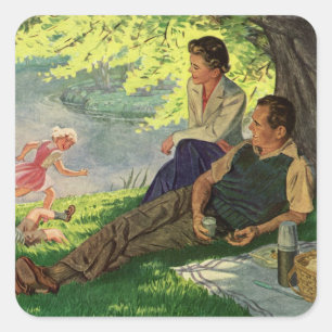 Sticker Carré Pique-nique familial vintage amusant sous un arbre