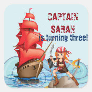 Sticker Carré Pirate Girl Birthday Party Boat dots design