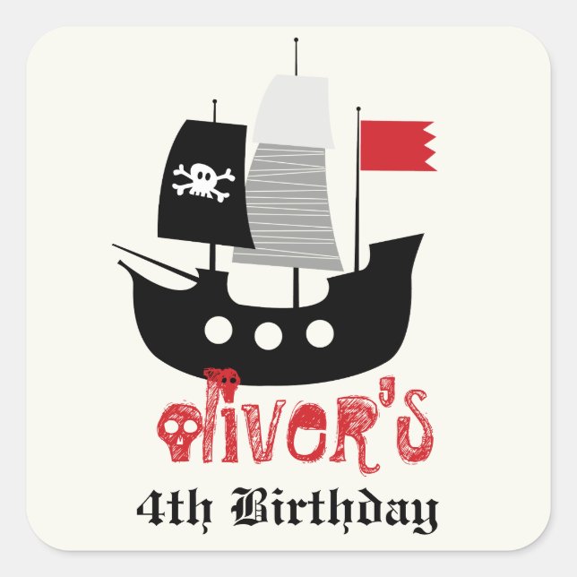 Sticker Carré Pirate Ship Skeleton Anniversaire Fête Favoriser S (Devant)
