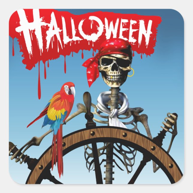 Sticker Carré Pirate Skeleton Sailor avec Macaw Halloween Party (Devant)