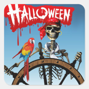 Sticker Carré Pirate Skeleton Sailor avec Macaw Halloween Party