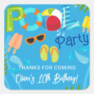 Sticker Carré Piscine fêtes été garçon fête d'anniversaire Favor