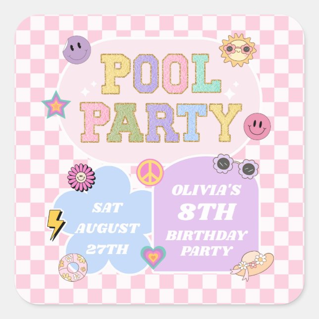 Sticker Carré Piscine Party Preppy Varsity Patch Anniversaire (Devant)