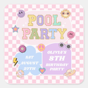 Sticker Carré Piscine Party Preppy Varsity Patch Anniversaire