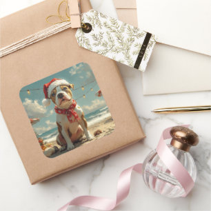 Sticker Carré Pitbull Chien Noël Plage Vintage