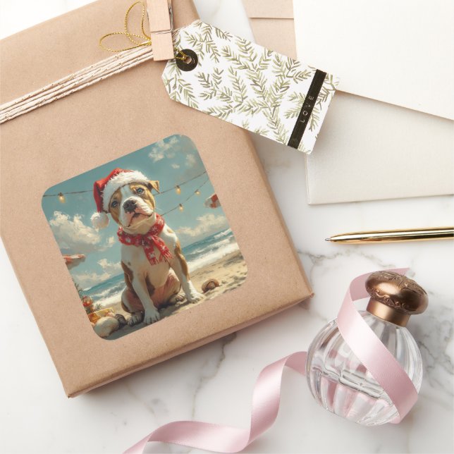 Sticker Carré Pitbull Chien Noël Plage Vintage (Cadeaux)