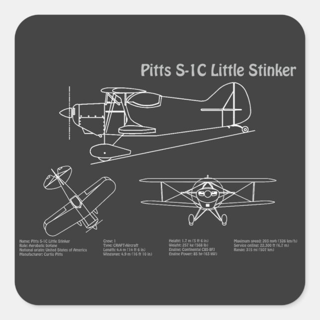 Sticker Carré Pitts S-1C - Plans de plan d'avion PD (Devant)