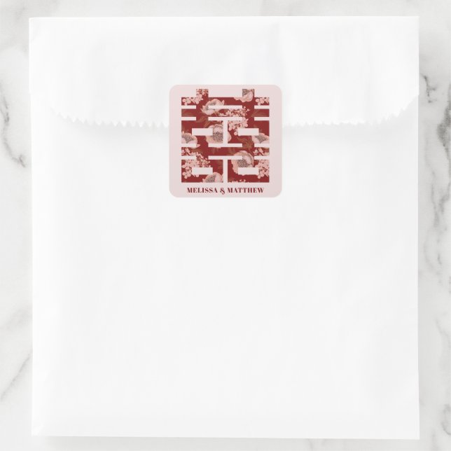 Sticker Carré Pivoine rouge Double Bonheur Mariage chinois (Sac)
