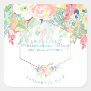Sticker Carré PixDezines Aquarelle Peonies Peach+Mint