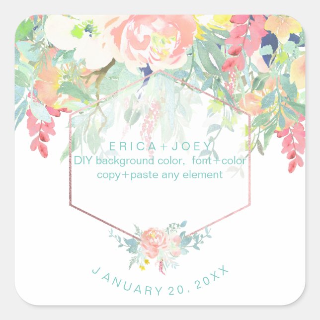 Sticker Carré PixDezines Aquarelle Peonies Peach+Mint (Devant)
