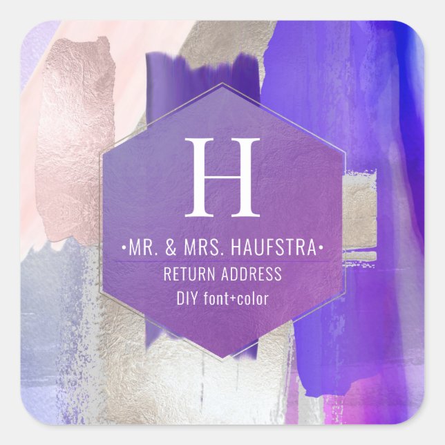 Sticker Carré PixDezines Aquarelle Pinceaux Violet Argent Blush (Devant)