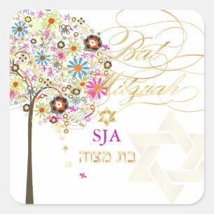Sticker Carré PixDezines arbre de vie/floral/Bat mitzvah
