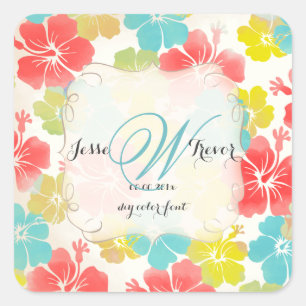 Sticker Carré PixDezines hibiscus/aquarelle