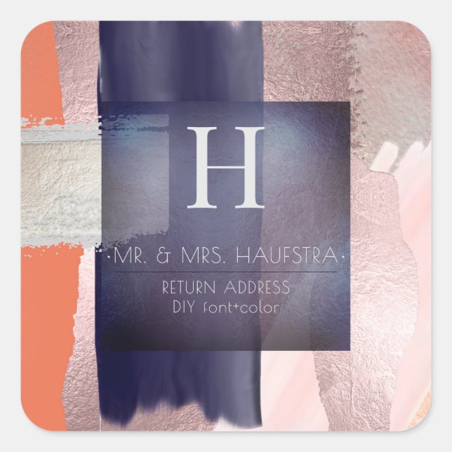 Sticker Carré PixDezines Monogramme, Blush+Navy+Bloc de couleur  (Devant)