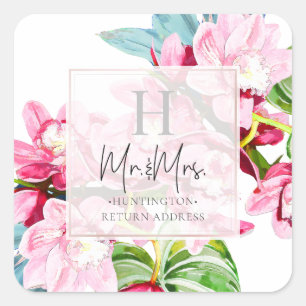 Sticker Carré PixDezines Orchidée Isle, Orchidée rose+Ti Feuille