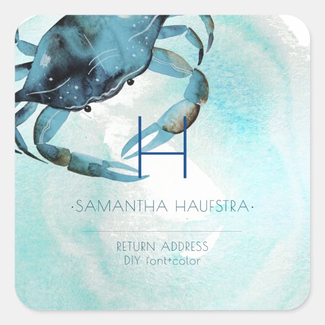 Sticker Carré PixDezines Plage Monogram de Crabe bleu Indigo (Devant)