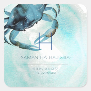Sticker Carré PixDezines Plage Monogram de Crabe bleu Indigo