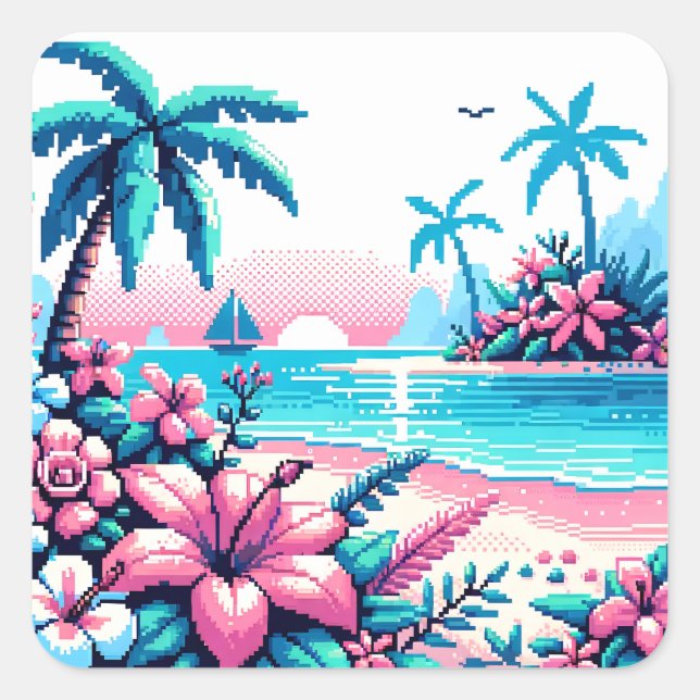 Sticker Carré Pixel Art Ocean Art rose et bleu Tropical Art (Devant)