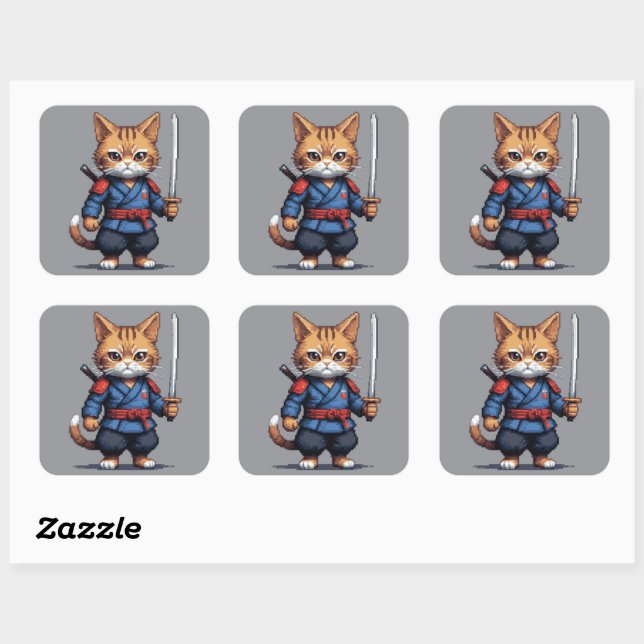 Sticker Carré Pixel de chats Samurai (Feuille)