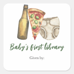 Sticker Carré Pizza, bières et couches - la première bibliothèqu
