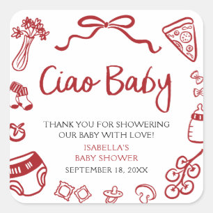 Sticker Carré Pizza italienne rouge dessinée à la main Ciao bébé