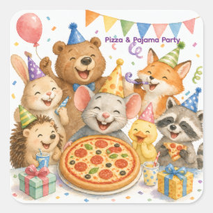 Sticker Carré Pizza & Pyjama Party Animaux Mignons 