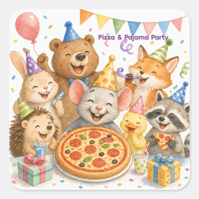 Sticker Carré Pizza & Pyjama Party Animaux Mignons  (Devant)