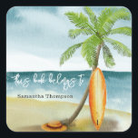 Sticker Carré Plage - ce livre appartient à<br><div class="desc">Bébé à bord ! Baby shower invitation - parfait pour un baby shower d'été. Plage à thème. Watercolor design a une scène océan et plage avec surf,  palmier et casquette d'été.</div>