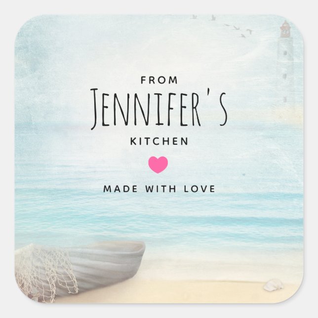 Sticker Carré Plage côtière scène avec bateau en bois Cuisine (Devant)