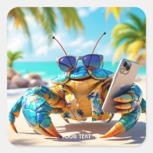 Sticker Carré Plage de crabe de coquille mignonne Imaginaire