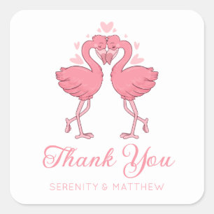 Sticker Carré Plage de Flamants Roses Mariage Tropical Merci