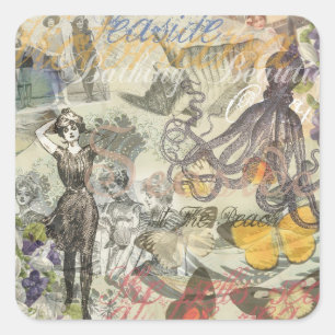 Sticker Carré Plage de la Pieuvre Antique Steampunk Côtière