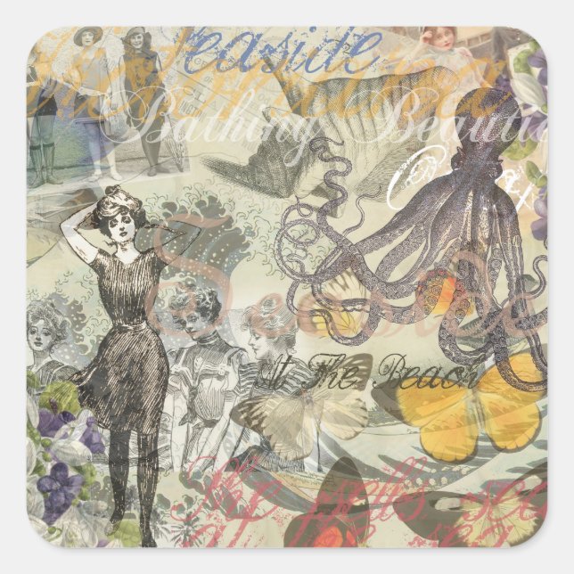 Sticker Carré Plage de la Pieuvre Antique Steampunk Côtière (Devant)