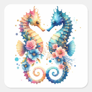 Sticker Carré Plage de l'hippocampe côtier rose, bleu et or