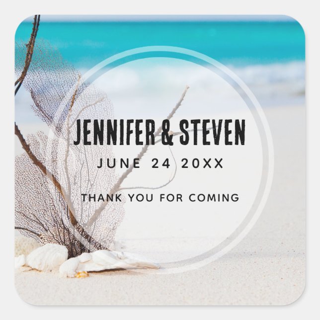 Sticker Carré Plage de sable avec Mariage de coquillages blancs (Devant)