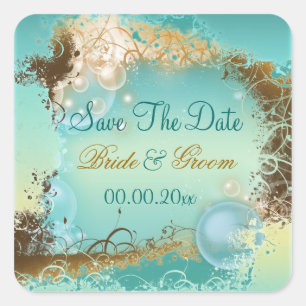 Sticker Carré Plage "enregistrer la date" mariage aqua blanc