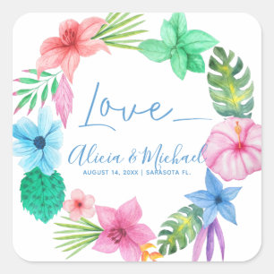 Sticker Carré Plage Hawaiian floral tropical amour mariage